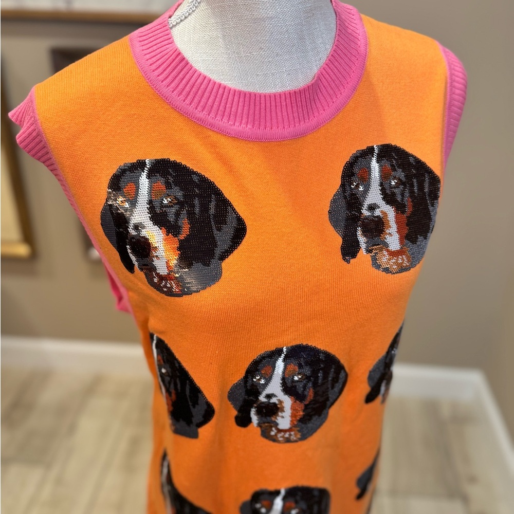 New! Rare! QUEEN OF SPARKLES Orange Smokey the Dog Pailette Sweater Dress - Picture 3 of 8